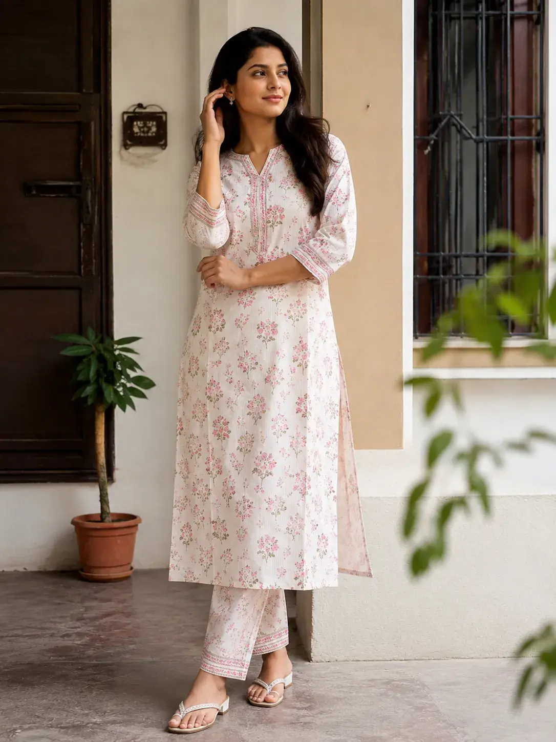 Floral print white kurta
